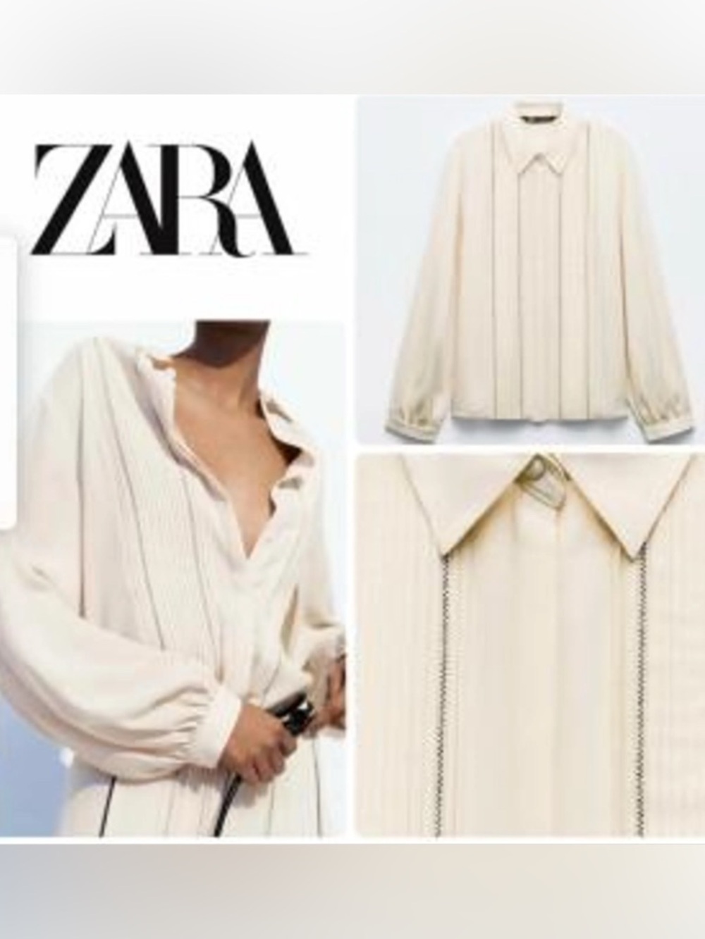 NWT Zara Crème Button Up Blouse Long Sleeve W/Pleats & Black Accents SZ L